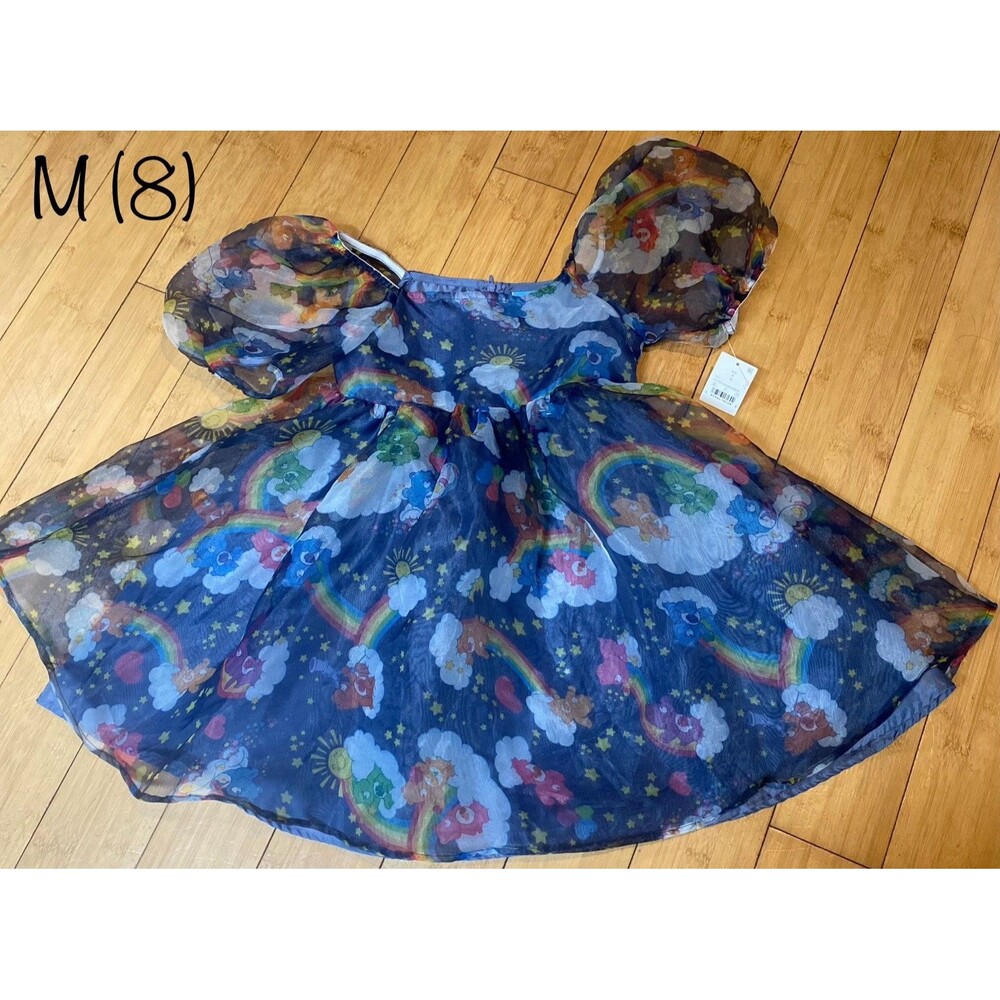 Care Bears Girls Puff Sleeve Dress Size M 8 Blue Rainbow Organza Mesh NWT